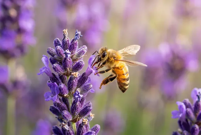 Champs de lavande de Valensole : Guide 2026 sans la foule - Lavande à Valensole : Le guide ultime 2026 anti-foule - Où voir la lavande à Valensole sans touriste ? GPS Gros plan macro sur une abeille butinant des brins de lavande violette