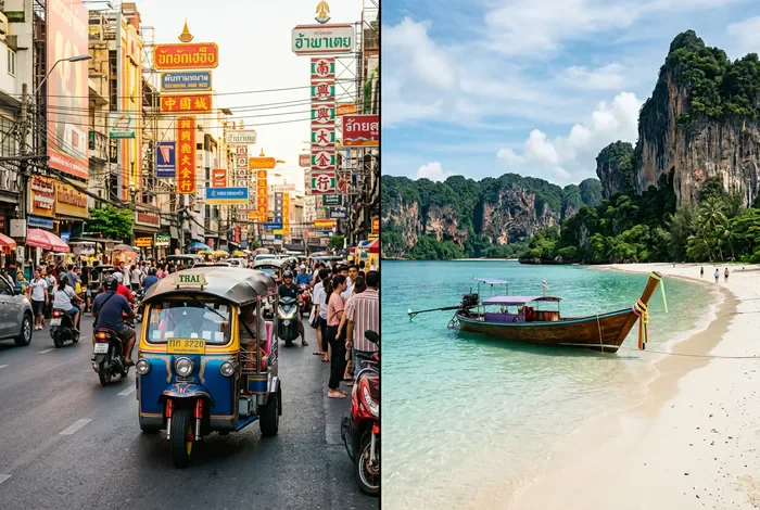 Circuit en Thaïlande en 15 jours : Guide 2026 - 15 jours en Thaïlande : 3 itinéraires ultimes ! - Où aller en Thaïlande en 15 jours ? Nos conseils Miniature montrant un tuk-tuk à Bangkok d'un côté et une plage turquoise avec longtail boat de l'autre