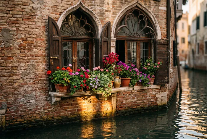 Hôtel de charme à Venise : Top 5 des adresses 2026 - 5 Hôtels de Charme à Venise à Réserver d'Urgence ! - Quel hôtel de charme choisir à Venise ? Le Guide 2026 Gros plan sur une fenêtre gothique vénitienne avec fleurs et reflets d'eau sur briques