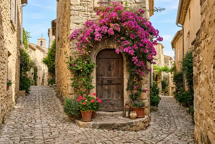 Les plus beaux villages du Sud de la France : Guide 2026 - Top 12 des plus beaux villages du Sud à visiter en 2026 - Quels sont les plus beaux villages du Sud de la France ? Ruelle pavée provençale pittoresque avec bougainvilliers et porte en bois