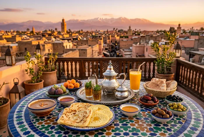 Meilleurs Riads de Marrakech : Sélection & Guide 2026 - Top 10 des Riads à Marrakech : Le Guide Ultime 2026 - Quel Riad Choisir à Marrakech ? Le Comparatif 2026 Petit-déjeuner marocain traditionnel sur un rooftop à Marrakech avec vue sur l'Atlas