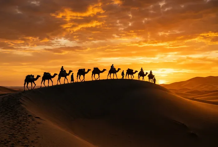 Nuit Désert Marocain Bivouac : Le Guide 2026 - Bivouac Désert Maroc : Prix & Pièges à Éviter ! - Quel Bivouac Choisir dans le Désert Marocain ? Silhouette d'une caravane de dromadaires marchant sur une dune au coucher du soleil