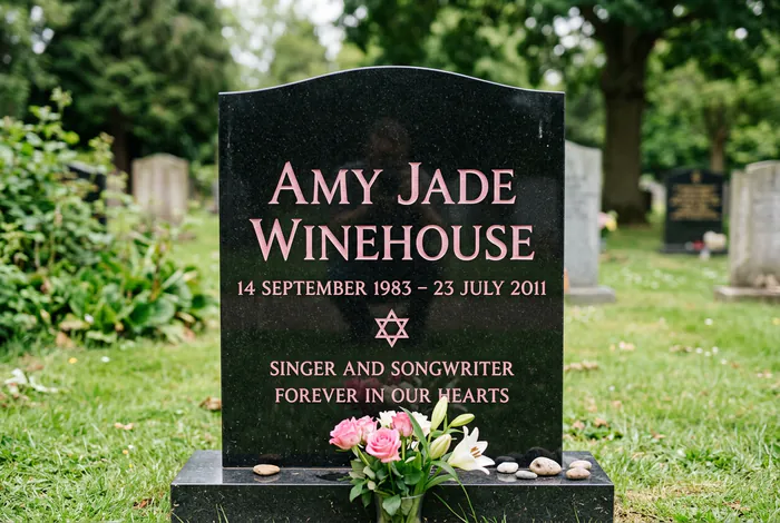Où se trouve la tombe de Amy Winehouse ? Localisation - Tombe Amy Winehouse : Le Guide Ultime - Où se cache la tombe d'Amy Winehouse ? Gros plan sur la stèle noire d'Amy Winehouse avec son nom gravé en lettres roses.