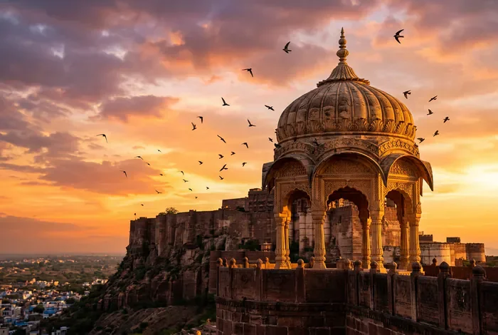 Que faire au Rajasthan ? Top 9 des Incontournables - Rajasthan : 9 Étapes Inoubliables à Visiter en 2026 - Comment visiter le Rajasthan sans stress ? Guide 2026 Dôme traditionnel du fort de Mehrangarh à Jodhpur avec des oiseaux en vol