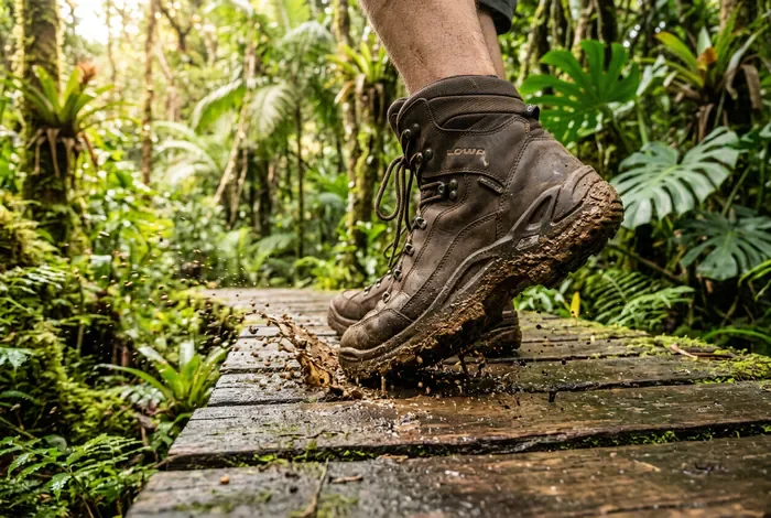 Randonnée au Trou de Fer à la Réunion : Le Guide - Trou de Fer Réunion : 3 Circuits et le Guide Anti-Boue - Randonnée Trou de Fer Réunion : Comment Éviter la Boue ? Gros plan sur des chaussures de randonnée recouvertes de boue marchant sur un caillebotis en bois humide