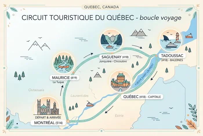 Road Trip au Québec en 10 Jours : L'Itinéraire - 10 Jours au Québec : Le Guide du Road Trip Ultime - Comment faire un road trip au Québec en 10 jours ? Carte schématique d'un itinéraire de road trip au Québec reliant Montréal et Tadoussac