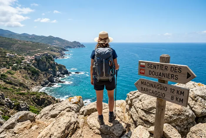 Sentier des Douaniers du Cap Corse : Guide 2026 - Cap Corse : Le Guide Ultime du Sentier des Douaniers - Comment faire le Sentier des Douaniers du Cap Corse ? Randonneur admirant le littoral depuis le sentier des douaniers au Cap Corse