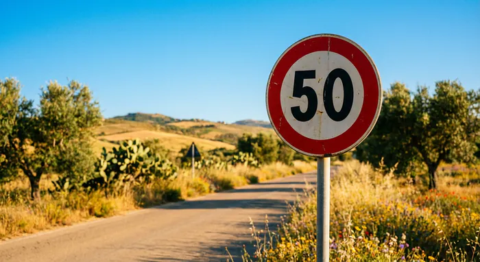 Radars Sicile : Guide 2026 - Radars en Sicile : 5 astuces - Comment éviter les radars en Sicile ? Panneau de contrôle de vitesse Autovelox sur une route ensoleillée en Sicile.